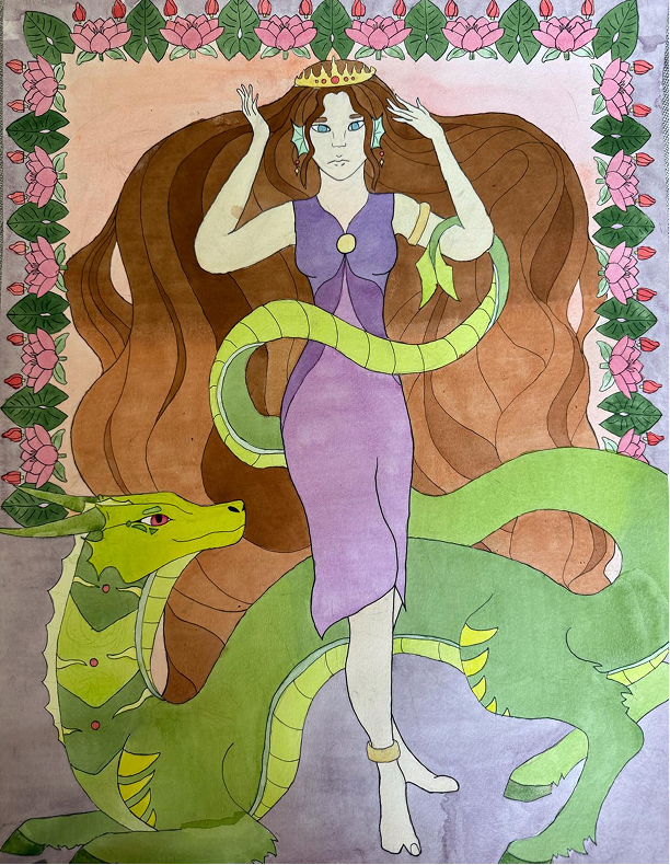 Princess and Dragon watercolor painting by student artist Janai, Level 3 student of Valeriya Veron fine art studio